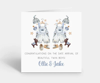 Personalised Twin Boys Card Welcome to the world - Baby Arrival Congratulations - Image 1 of 2