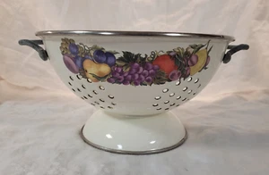 Vtg Cornucopia Enamel and Brass Footed Colander Strainer Mixed Fruit Design READ - Picture 1 of 20