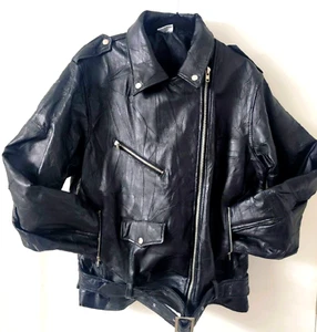 Vintage 90's Flight Path Leather Jacket Deadstock Moto Biker Patchwork Black XL - Picture 1 of 21
