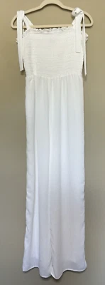 Lulu’s White Smocked Bodice Tie-Strap Wide-Leg Jumpsuit Lined Size Large NEW! - Image 1 of 4