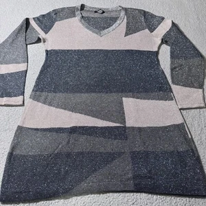 Alfani Shirt Damen Größe Medium V-Ausschnitt Langarm Farbblock Glitzer Oberteil Tee - Bild 1 von 6