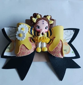 Honey Bee Little Girl Clay Honeycomb Tutu Hair Bow Ribbon Flowers Handmade - Picture 1 of 2