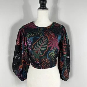 Farm Rio Frutis Dream Crop Top Size XS Balloon Sleeve Black Lace - Picture 1 of 6
