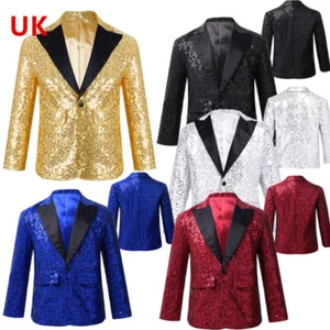 UK Kids Boys Shiny Sequins Blazer Coat Tuxedo Suit Wedding Banquet Prom Jackets - Picture 1 of 47