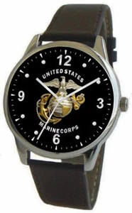 U.S. Marines Emblem Uhr hat poliertes Chromgehäuse mit schwarzem Lederarmband - Bild 1 von 3