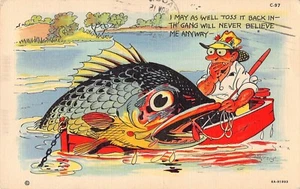 Humorous Comic Artist Signed Walters Fishermans Fishing Large Fish Toss It Back - Picture 1 of 2