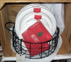 Rae Dunn CHRISTMAS Holiday PLATES Napkins IN Hearth and Hand STORAGE BASKET NWT - Picture 1 of 9