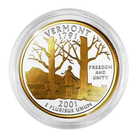 2001 Vermont Quarter Platinum layered with 24 Karat Gold Detail Cover