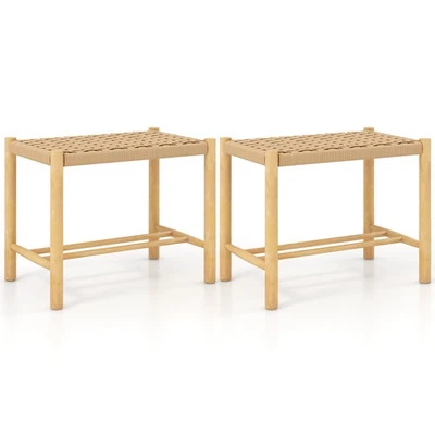 18" Dining Stool Set of 2 Backless w/ Rubber Wood Frame Woven Paper Seat Kitchen - Image 1 of 4