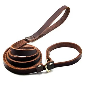 Real Leather Slip Lead Dog Leash, Adjustable Stitched Pet Slip Leads with - Picture 1 of 8