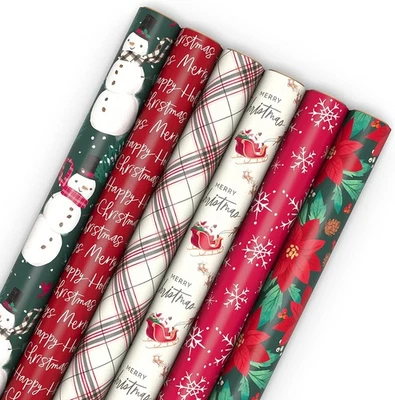 Set of 6 Rolls, 180 Sq Ft Total, Hunter Green, Red, White, Plaid, Snowman, Santa - Image 1 of 4