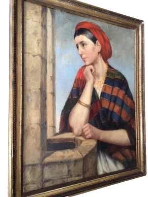 RARE 19th CENTURY CAMILLE COROT ? ITALIAN LADY IN A TURBAN  ANTIQUE OIL PAINTING - Image 1 of 4
