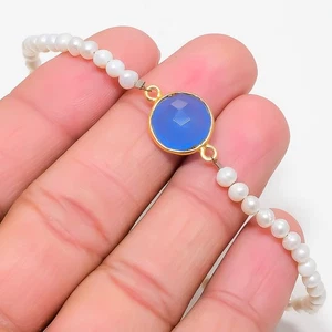 Blue Chalcedony, Pearl Gemstone Handmade 925 Sterling Silver Bracelet 7-9" V969 - Bild 1 von 2