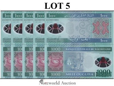 MAURITANIA 1000 Ouguiya 2014 P 19 Polymer  Lot 5 pcs 1/20 Bundle  UNC - Image 1 of 4