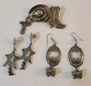 Southwestern Country Themed Jewelry Set Brooch Earrings Set Turquoise Chip - Picture 1 of 12