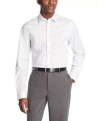 Calvin Klein Steel Plus Mens Slim Fit Dress Shirt Grey White Geometric-15 32/33 - Image 1 of 4
