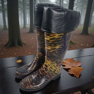 Stivali da pioggia Bootsi Toosi donna taglia 9 stampa leopardata con pelle alta moda - Foto 1 di 17