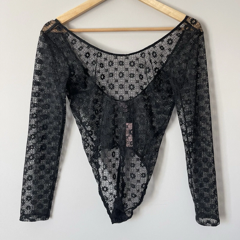 Victoria's Secret VS Size XS Long Sleeve Floral Black Lace Thong Top S596