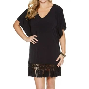 Dotti Beach Blossom Macrame Fringe Tunic Cover Up. Black, size large - Picture 1 of 6