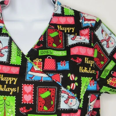 XSmall Scrub Top Black Santa Snowman Patchwork Christmas Medical Nurse Dental - Image 1 of 4