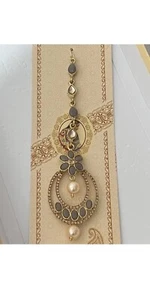 Bollywood Bridal Matha Tikka Grey Gold Stones Drop Pearl. Costume Jewellery - Picture 1 of 12