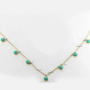 Nuevo Conjunto de Collar 7 Piedras Bisel Turquesa Oro Amarillo 18k Sólido Regalo Aniversario - Imagen 1 de 3