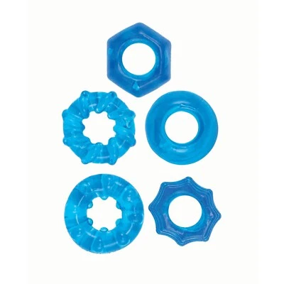 JUEGO DE CINCO ANILLOS PARA EL PENE CONJUNTO DE LUJO - AZUL, CÓMODO MATERIAL NUEVO ELÁSTICO Foto 1 de 4