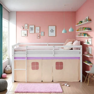 Hochbett 90x200 cm Matratze Weiß Kinder Bett Holz Vorhang Beige Lila Homestyle4u - Bild 1 von 8