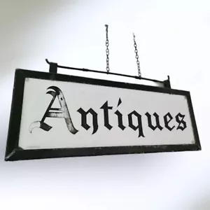 More details for double-sided vintage &quot;antiques&quot; shop sign cast iron / metal frame - 30&quot; x 11&quot;