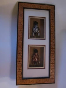 African Tribal Carved 3D Zebra and Giraffe Head Framed Shadow Box Wall Art - Picture 1 of 14