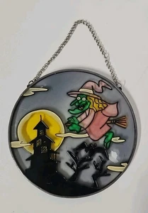 Vintage Halloween Hexe auf Besen Sonnenfänger hängende Fensterdekoration 6" rund - Bild 1 von 4