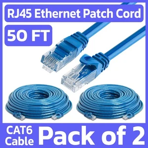 2 Pack 50 FT Cat6 Patch Cord Blue RJ45 LAN Network Cable Internet Ethernet Cord - Picture 1 of 7