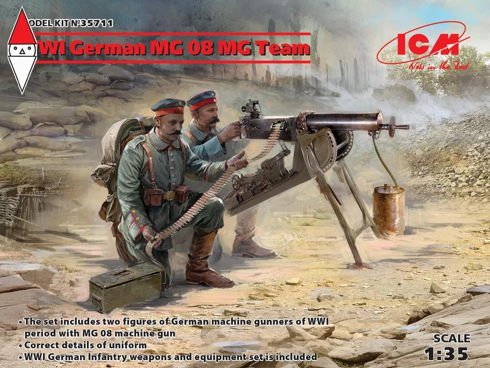 ICM 1/35 WWI GERMAN MG08 MG TEAM (2 FIGURES) (NEW MOLDS) - Immagine 1 di 1