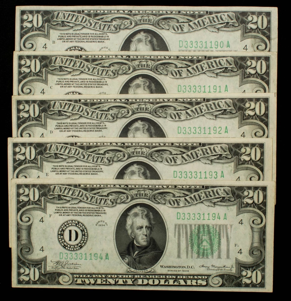 FR 2054aDm $20 1934 Federal Reserve MULE - 5 Consecutive Notes AU - SKU-CA1579 - Image 1 of 4