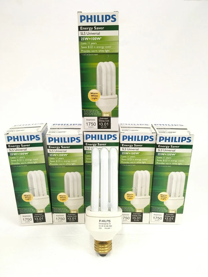 6x NEW Philips Energy Saver Warm White Light SLS Universal 25W=100W 1750 Lumens - Image 1 of 4