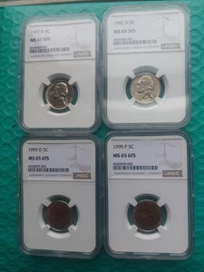 4 - NGC GRADED JEFFERSON NICKLES, 1987 D, M/S 65, 5FS. 1992 D, M/S 65, 6FS.... - Bild 1 von 12
