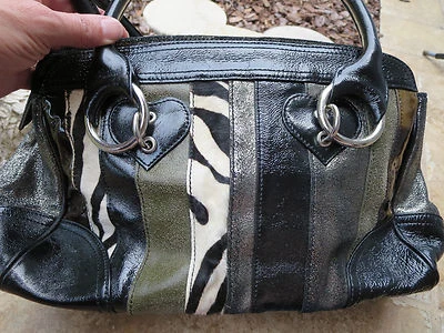 BEVERLY FELDMAN Black Patent and Patch Leather Satchel Orig $358 - Image 1 of 4