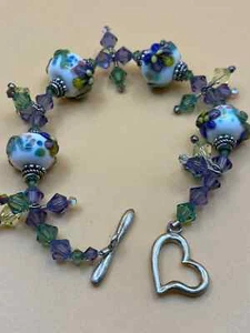 Vintage Handmade Lampwork Multicolored Glass Beads & Sterling 925 Bracelet - Picture 1 of 7