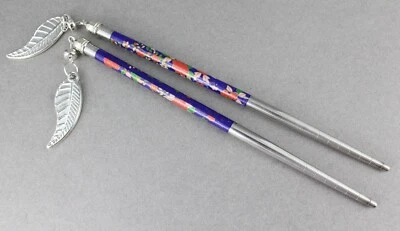 Blue Red set 2 dangle leaf floral flower hair chop sticks picks pins 6 1/8" - Image 1 of 4