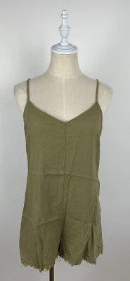 COTTON ON Womens Green Khaki Linen Zip Up Distressed Hem Playsuit Size S/P - image 1 of 4