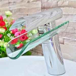 Glas Wasserfall Wasserhahn Waschbecken Mischbatterie Bad Armatur Einhebelmischer - Bild 1 von 10
