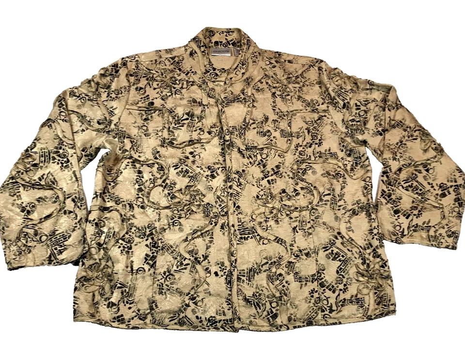 Blazer Chico's Mujer Lino Seda Talla 1 EE. UU. 8 Beige Negro Cuello Simulado Manga 3/4 Foto 1 de 4