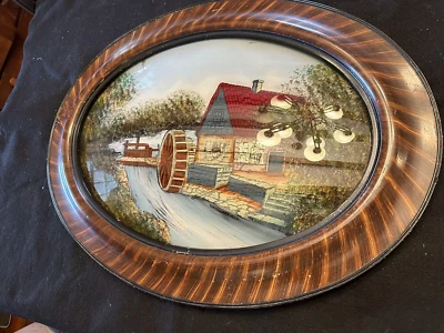 Antigua pintura al revés sobre vidrio de un molino en un marco de vidrio burbuja de roble tigre Foto 1 de 4