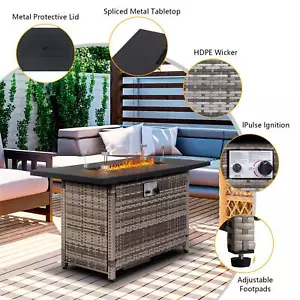 43in 50,000 BTU Outdoor Wicker Patio Propane Gas Fire Pit Table Glass Wind Guard - Picture 1 of 7