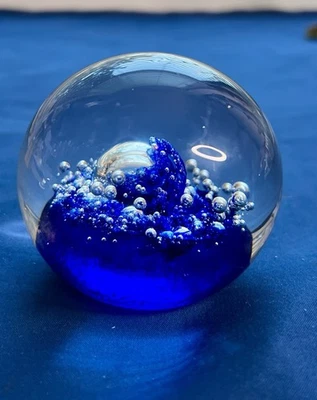 Vtg Hand Blown Waves Glass Controlled Bubble 6” Orb Paperweight-Cobalt Blue - Image 1 of 4