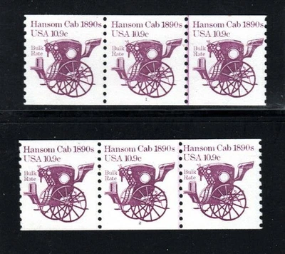 Stamp USA - Two 10.9¢ Hansom 1890s - plate # 1 & 2 coil strips of three SC# 1904 - Image 1 of 4