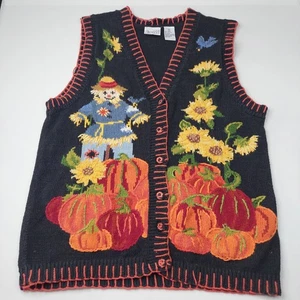 Vintage Herbst Pullover Weste Damen KLEIN Sonnenblumen Vogelscheuche Kürbisse Herbst Lehrer - Bild 1 von 14