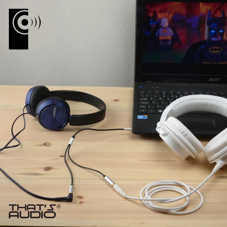 Headphone /Earphone Y Splitter cable SILVER 3.5mm Stereo 1 male : 2 female Jacks - Image 1 of 4