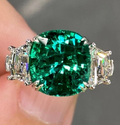 Wedding Diamond Ring 6.50 Ct Lab Grown Cushion Cut Green Emerald 14K White Gold - Image 1 of 4