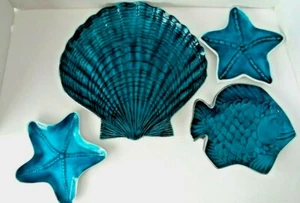 Emaillierte Aluminiumplatte mit maritimen Themen und 3 Beilagenplatten/Geschirr - Bild 1 von 12